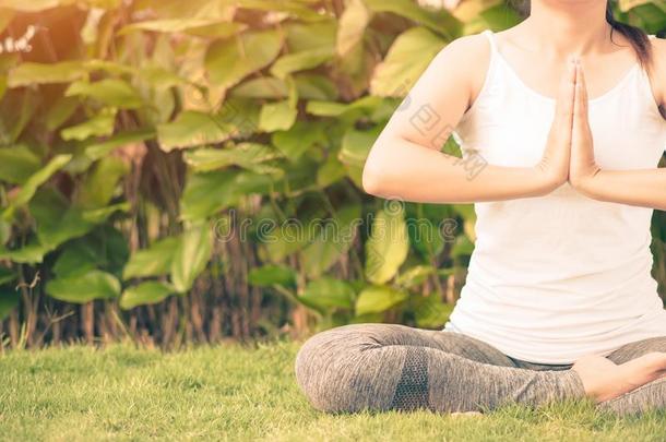 制动火箭方式女人瑜伽和莲花手采用软的集中背景