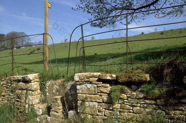 英格兰,科茨沃尔德丘陵石头墙两侧的<strong>阶梯</strong>
