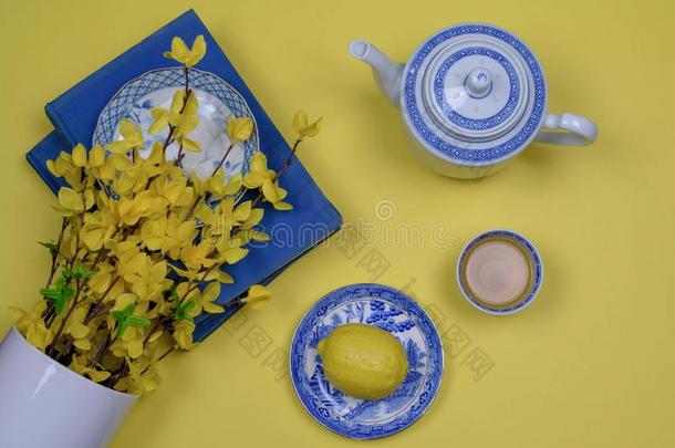 <strong>蓝色</strong>东方的中国盘和酿酒的书向黄色的后座
