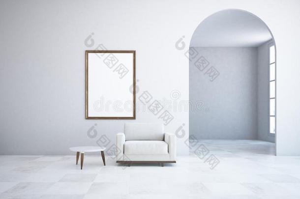 白色的活的房间,海报拱形的门扶手椅
