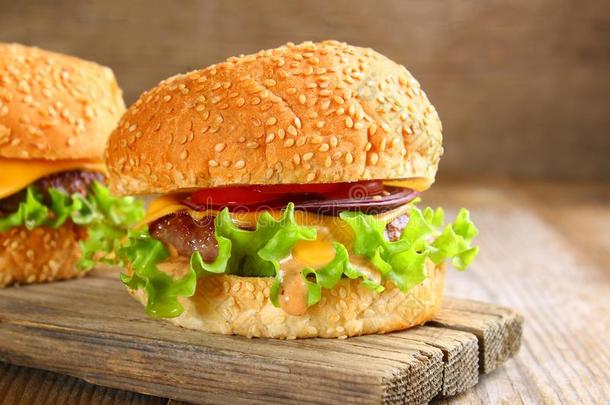 美味的自家制的汉堡包由组成关于圆形的小面包或点心,小馅饼,沙拉,红色的奥尼