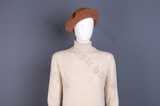 时装模特儿采用贝雷帽和高领绒衣毛衣.