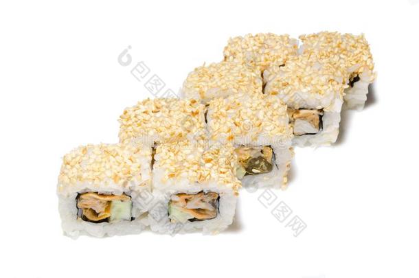 日本人海产食品寿司,辗向一白色的b一ckground