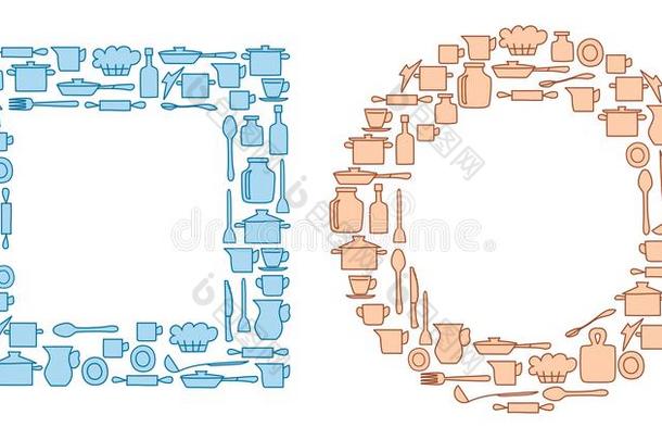 蓝色和米黄色厨房用具采用圆形的和方形的组-矢量