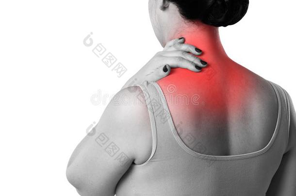 颈痛苦,女人和背痛隔离的向白色的背景