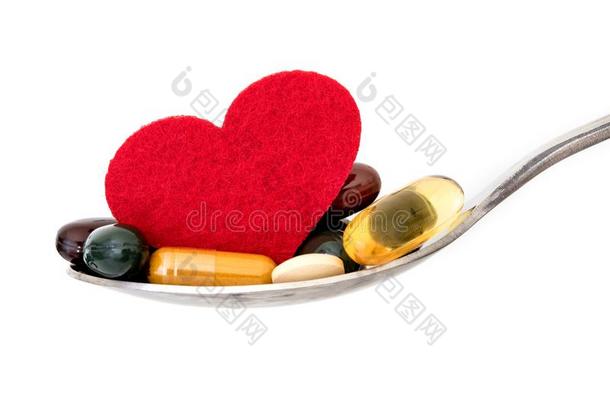 指已提到的人富有色彩的医学的增补和药物药丸和红色的心采用