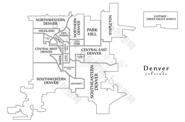 现代的城市地图-丹佛美国科罗拉多州城市关于指已提到的人美利坚合众国和邻居