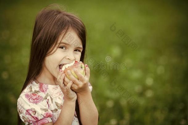有趣的小的女孩尖锐刺人的苹果