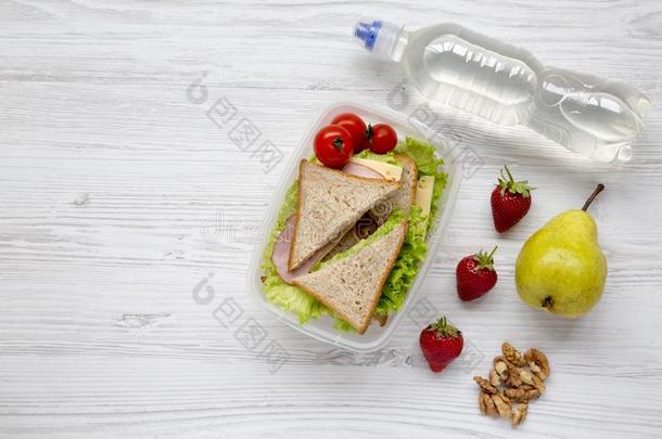 健康的学校午餐盒和新鲜的有机的蔬菜三明治