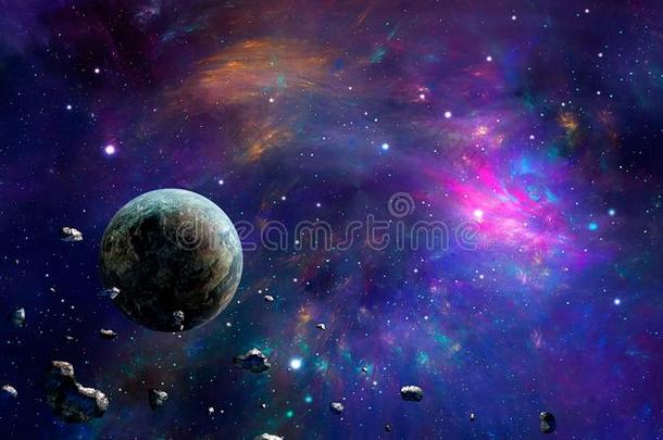 空间地点.富有色彩的星云和行星和小行星.原理