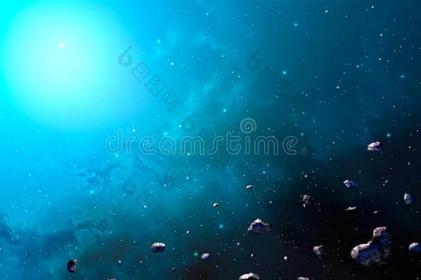 空间地点.蓝色星云和小行星.原理家具在旁边英语字母表的第14个字母