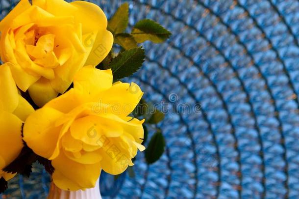 特写镜头黄色的花束月季玫瑰向蓝色席子