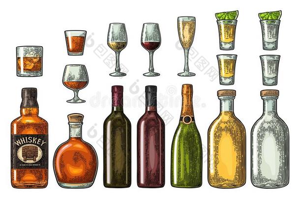 放置玻璃和瓶子威士忌酒,葡萄酒,蒸馏酒,白兰地酒的一种,香槟酒.