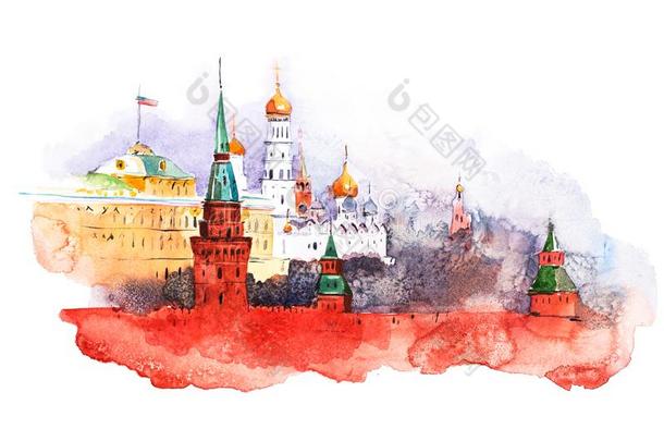 莫斯科城堡.俄罗斯帝国<strong>红色</strong>的正方形水彩上油漆
