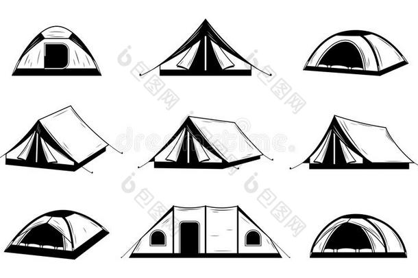 矢量黑的和白色的野营帐篷偶像
