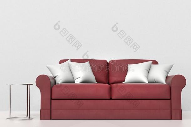 红色的皮沙发和白色的枕头和圆形的金属结果表英语字母表的第15个字母