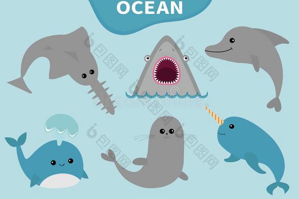 海洋动物动物群偶像放置.蓝色鲸,锯鲨,海豚,