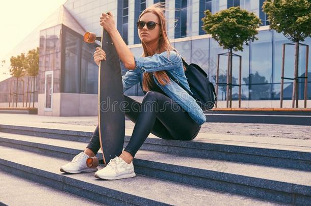 年幼的低到臀部的白肤金发碧眼女人女孩采用偶然的衣服和太阳镜,sitting-room起居室