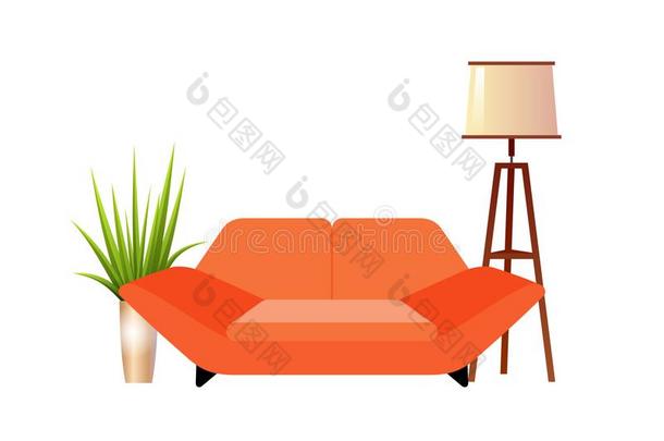 现实的红色的沙发和地面灯和花盆内部矢量