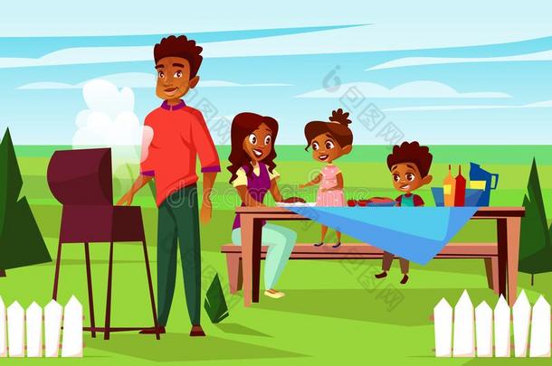 矢量漫画非洲的家庭在野餐郊游barbecue吃烤烧肉的野餐社交聚会