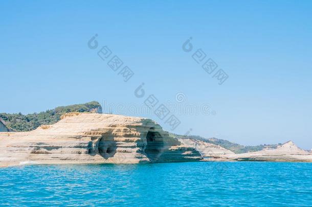 看法关于美丽的悬崖和蓝色海向扎金索斯isl和.希腊
