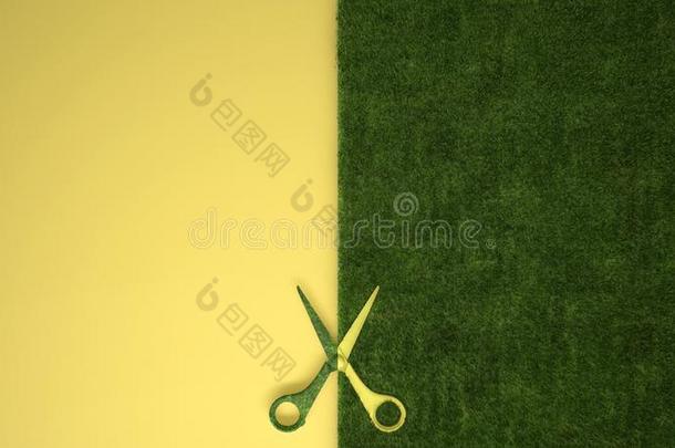 <strong>剪刀锋利</strong>的绿色的草向彩色粉笔黄色的有色的背景