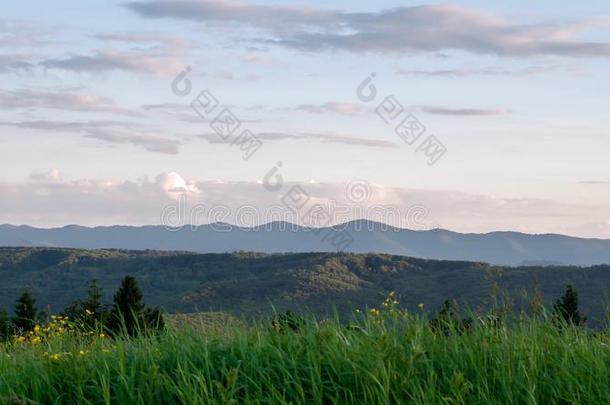 喀尔巴阡山脉的山夏风景和蓝色天和云.
