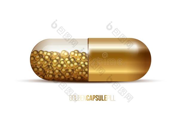 金色的胶囊药丸和金色的药物隔离的向白色的后座