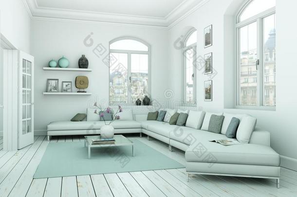 现代的斯堪地那维亚内部设计活的房间采用白色的方式