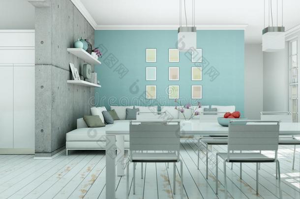 现代的斯堪地那维亚内部设计活的房间采用白色的方式