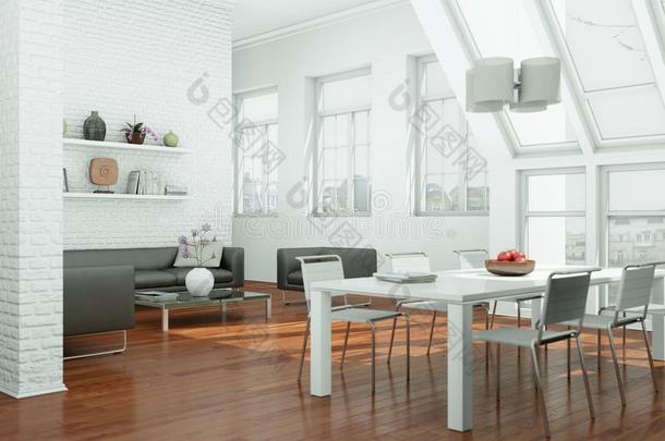 现代的斯堪地那维亚内部设计进餐房间采用白色的方式