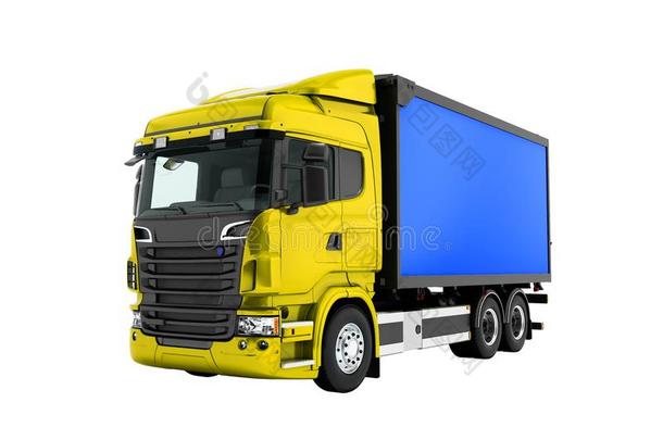现代的黄色的<strong>货车</strong>和<strong>蓝色</strong>拖车为运送关于好的