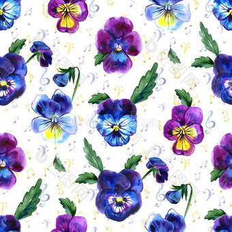 无缝的模式和三色紫罗兰花和树叶.水彩图解图片