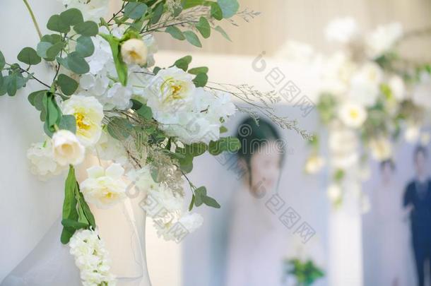 美丽的白色的婚礼背景幕布和白色的花.婚礼装饰