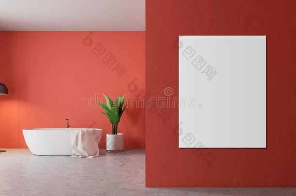 极简主义红色的浴室,白色的澡盆和海报