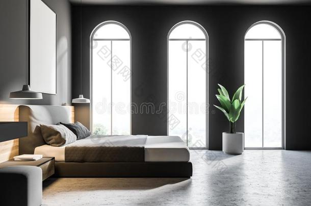 拱形的窗灰色卧室和海报