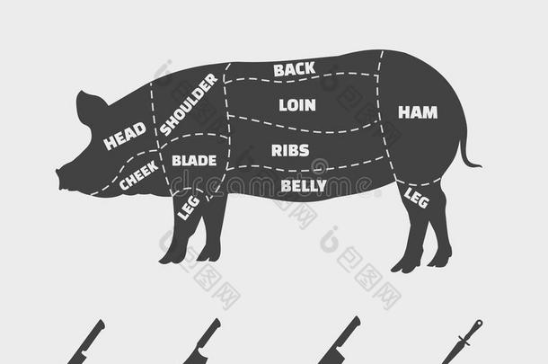 切关于猪肉.矢量单色画说明.