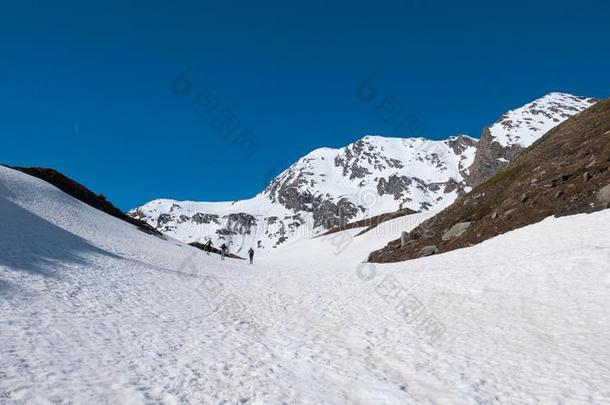 登山家徒步旅行滑雪转动向下雪的斜坡朝指已提到的人山