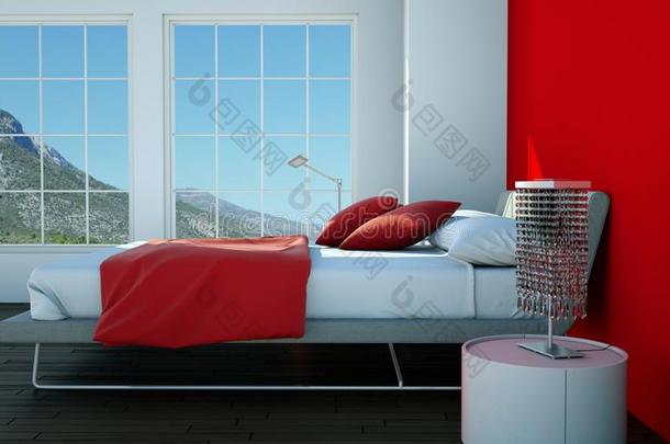 现代的卧室和红色的墙和现代的布置