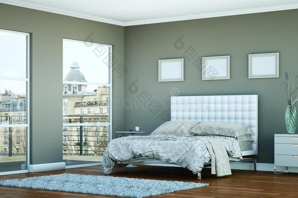 现代的卧室和灰色的墙和现代的布置