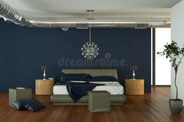 现代的卧室和蓝色墙和现代的布置