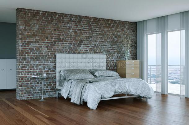 现代的卧室和石头墙和现代的布置