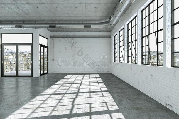 空的阁楼房间和白色的墙大的窗和具体的地面