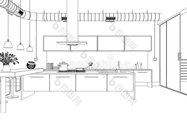 内部设计现代的厨房绘画计划