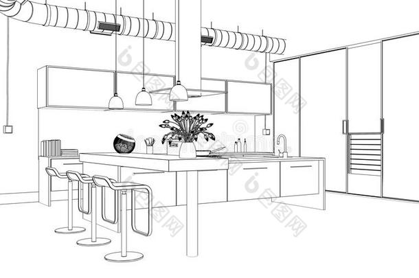 内部设计现代的厨房绘画计划