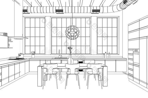 内部设计现代的厨房绘画计划