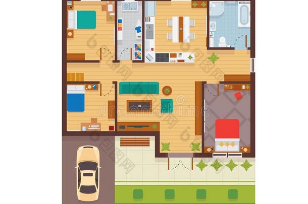 平的现代的家庭房屋内部和房间空地面计划向那边