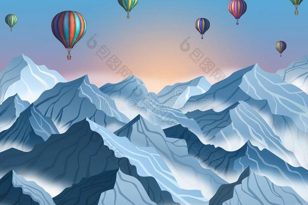 山风景和富有色彩的热的天空气球采用现实的3