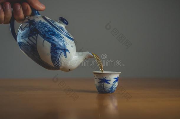 蓝色和白色的<strong>中国</strong>茶壶传布茶水<strong>进入</strong>中一m一tching杯子