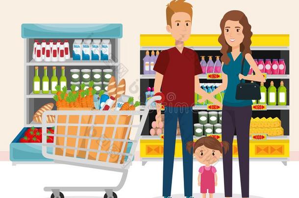 超级市场货架和家庭购买